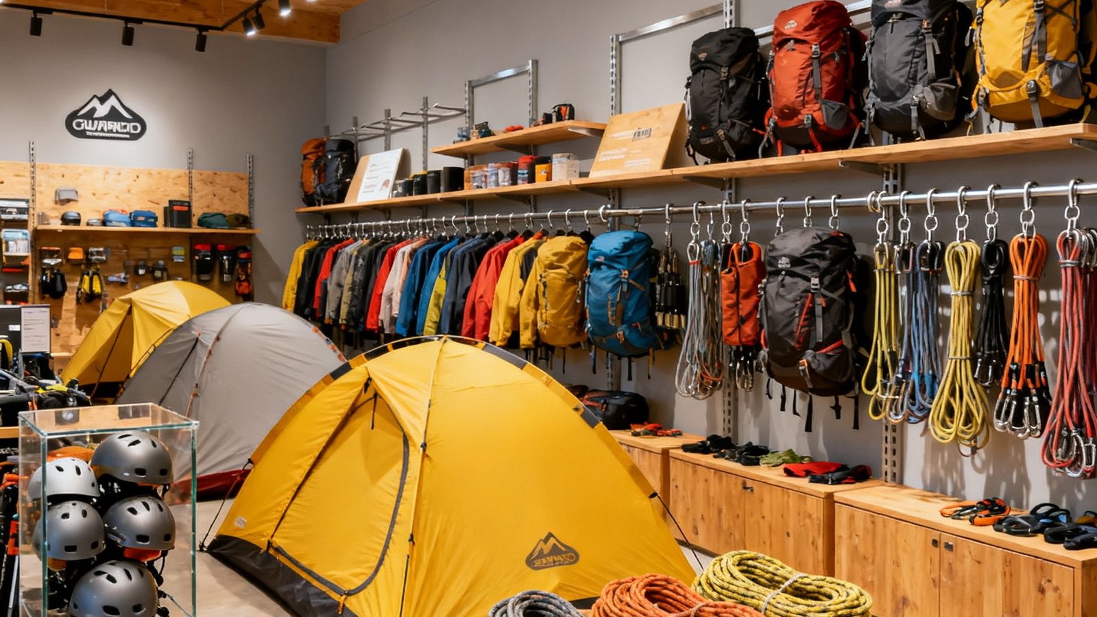宽敞明亮的户外装备展示区，整齐排列着各色帐篷、专业登山背包、攀岩绳索和头盔等器材，暖色灯光营造出专业而温馨的氛围