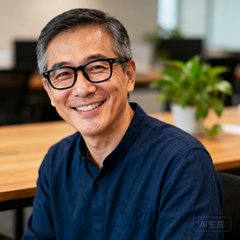 一位面带微笑的中年男士半身照，戴着黑框眼镜，身穿深蓝色休闲衬衫，背景是柔和的办公室环境